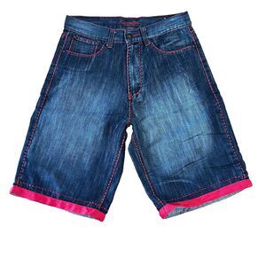 Koman Skater Denim Shorts Red Contrast Sz 31 Stitch Cuffed Y2K Streetwear Pocket